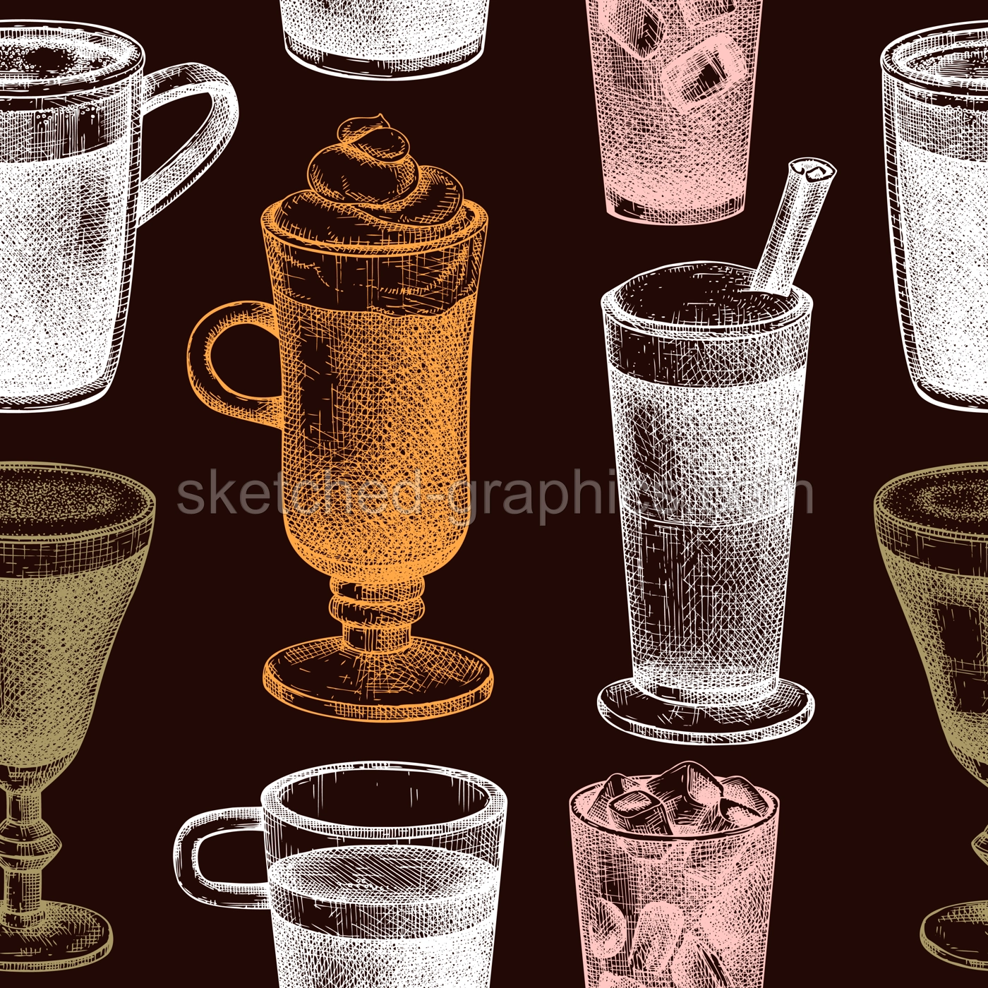Hand-sketched coffee seamless pattern. Vector sketches of mugs with aromatic caffeine drinks background. Cappuccino, latte, americano, espresso in vintage style. Vector beverages backdrop Illustration